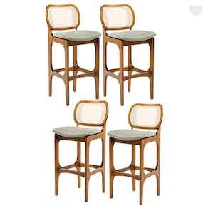 Kit 4 Banquetas Alta para Bancada Decor Encosto Rattan Madeira Imbuia Linho Verde L84 RMI