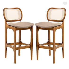 Kit 2 Banquetas para Cozinha Americana Decor Encosto Rattan Madeira Imbuia Linho Marrom L87 RMI