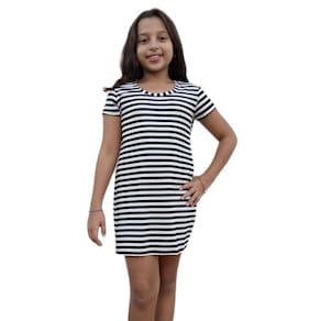 Vestido Infantil Manga Curta Listrado Preto Branco