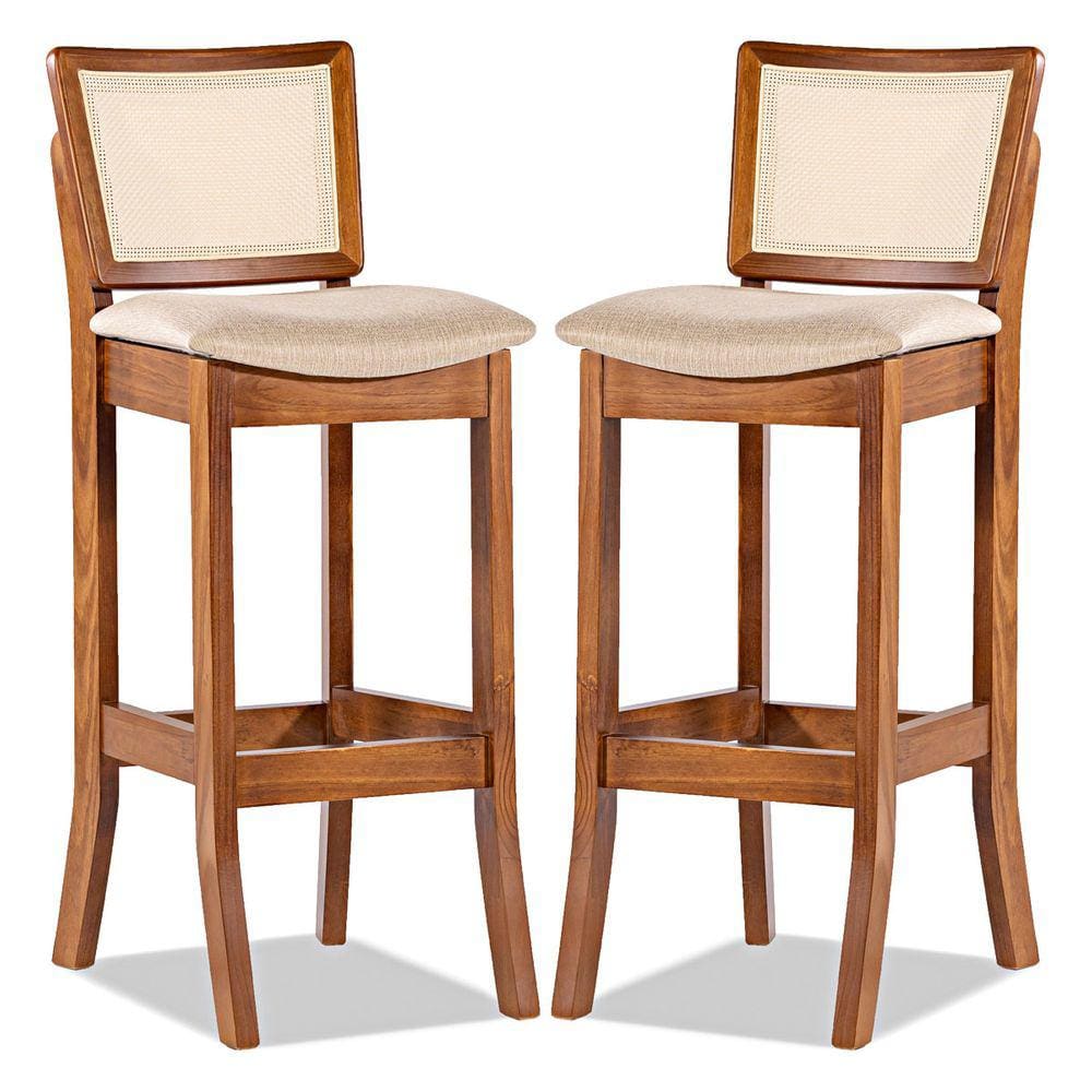 Kit 2 Banquetas Alta Portugal com Encosto Rattan Estofada Linho Bege M58 RMI