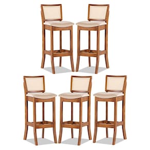 Kit 5 Banquetas em Madeira Imbuia com Encosto Rattan Estofado Linho Bege M58 RMI