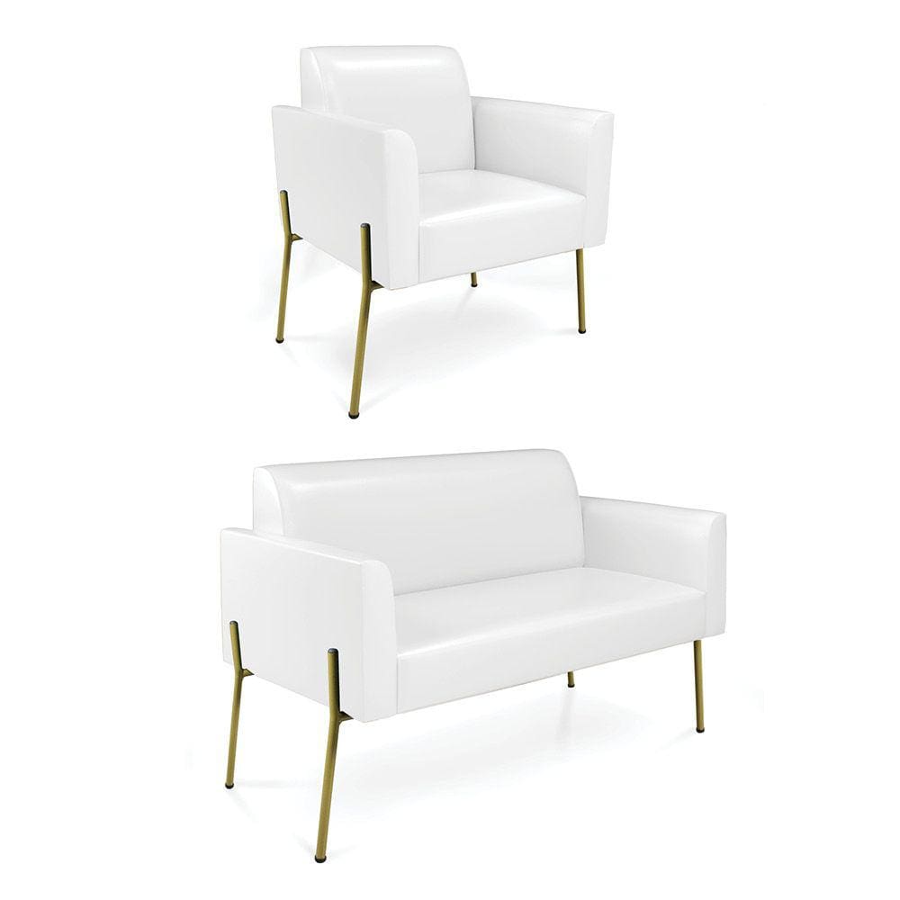 Sofá Namoradeira e Poltrona Pé de Ferro Dourado Marisa Corano Branco D03 - D`Rossi