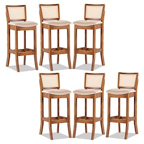 Kit 6 Banquetas Alta Portugal com Encosto Rattan Estofada Linho Bege M58 RMI
