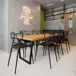 Conjunto Mesa Madeira Maciça Lanna 2,50m Ferragem Preta com 8 Cadeiras Alegra Preta