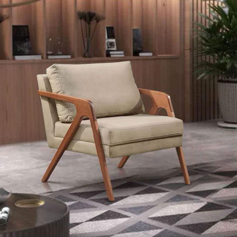 Kit 3 Poltronas Decorativas Mona Premium Base Madeira Maciça Linho Bege