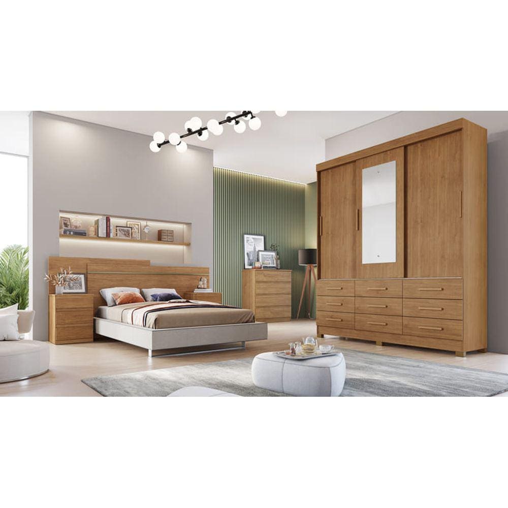 Guarda Roupa Solteiro com Espelho 3 Portas 9 Gavetas - Buriti-Cumaru - Móveis Novo Horizonte