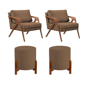 Conjunto 2 Poltronas Mona Decorativa e 2 Puff Thor Estofado Base Madeira Maciça Veludo Marrom