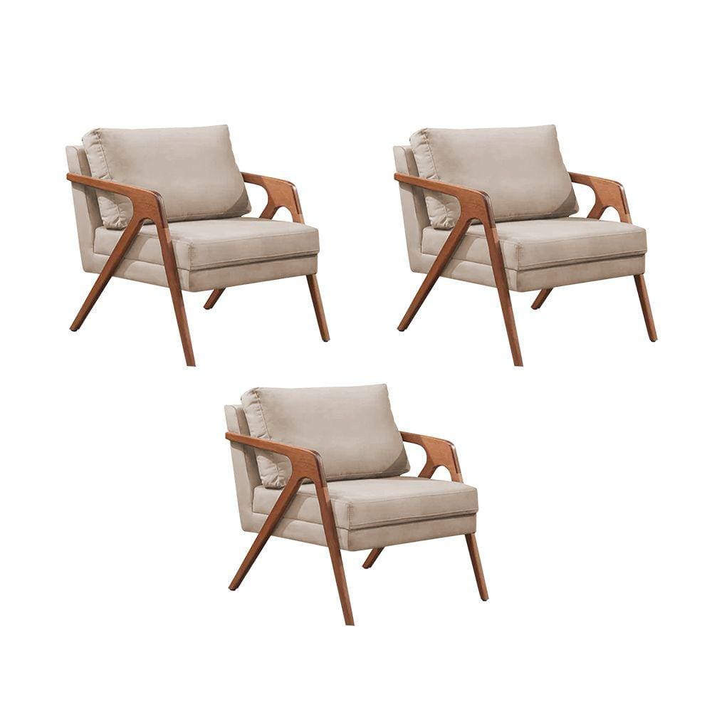 Kit 3 Poltronas Decorativas Mona Premium Base Madeira Maciça Veludo Bege