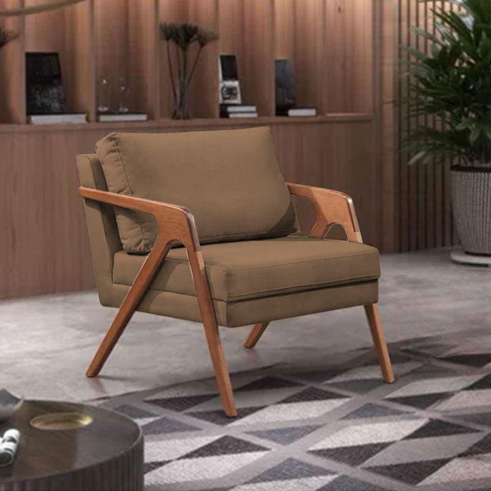 Poltrona Decorativa Mona Premium Base Madeira Maciça Veludo Marrom