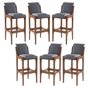 Kit 6 Banquetas Alta Estofada Barcelona 37 x 101 Cm Madeira Maciça Imbuia Linho Cinza L55 - RMI