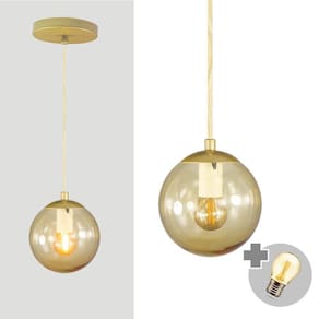 Pendente Ouro C/ Globo De Vidro Ambar De 14cm + Led 2w
