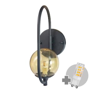 Arandela Online Preta Globo De Vidro Ambar + Led 5w