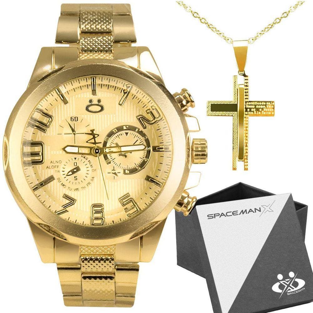 Relogio Masculino Dourado Aço Inox + Caixa + Cordão Cruz