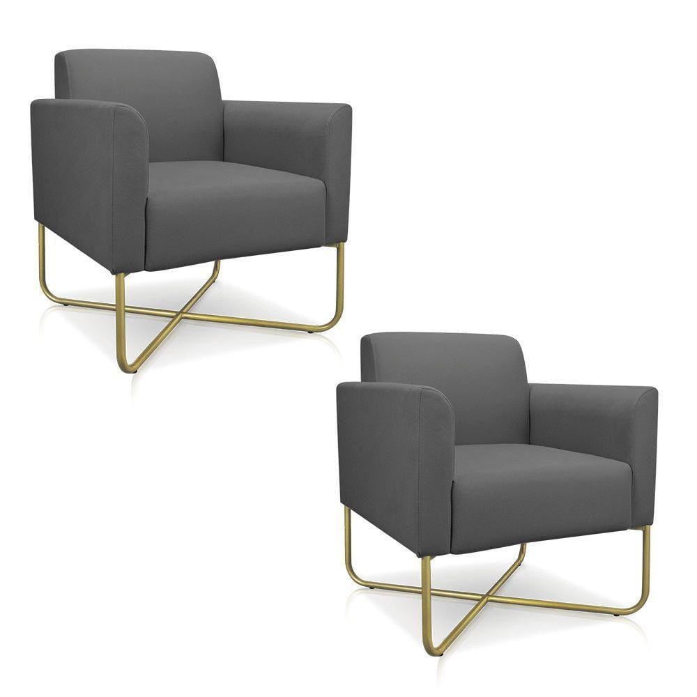 02 Poltronas Marisa Suede Grafite Base X Industrial Dourada