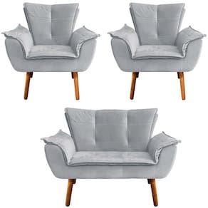 2 Poltronas E 1 Namoradeira Pés Palito Charger Veludo Cinza