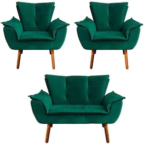 2 Poltronas E 1 Namoradeira Pés Palito Charger Veludo Verde