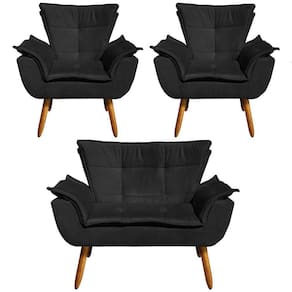 2 Poltronas E 1 Namoradeira Pés Palito Charger Suede Preto