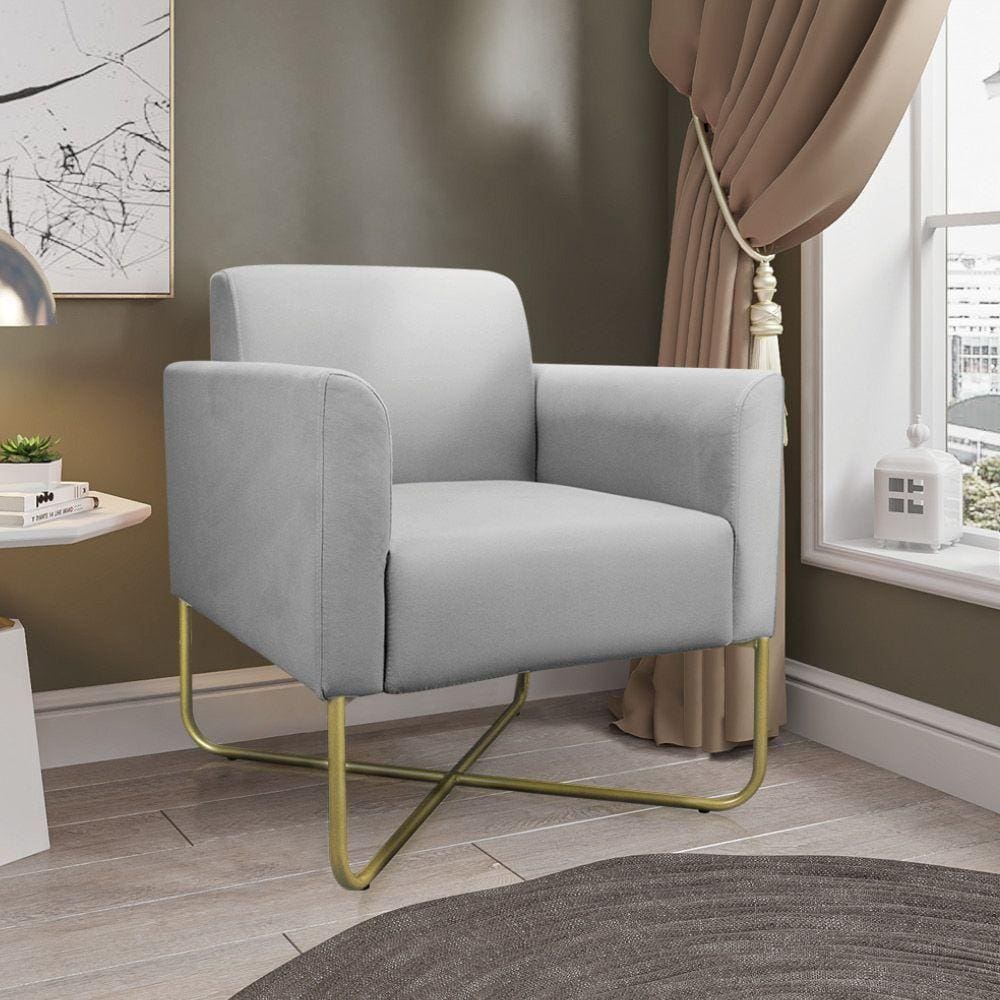 02 Poltronas Marisa Suede Cinza Base X Industrial Dourada
