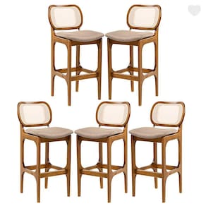 Kit 5 Banquetas Alta para Balcão Decor Madeira Imbuia Encosto Rattan Linho Marrom L87 RMI