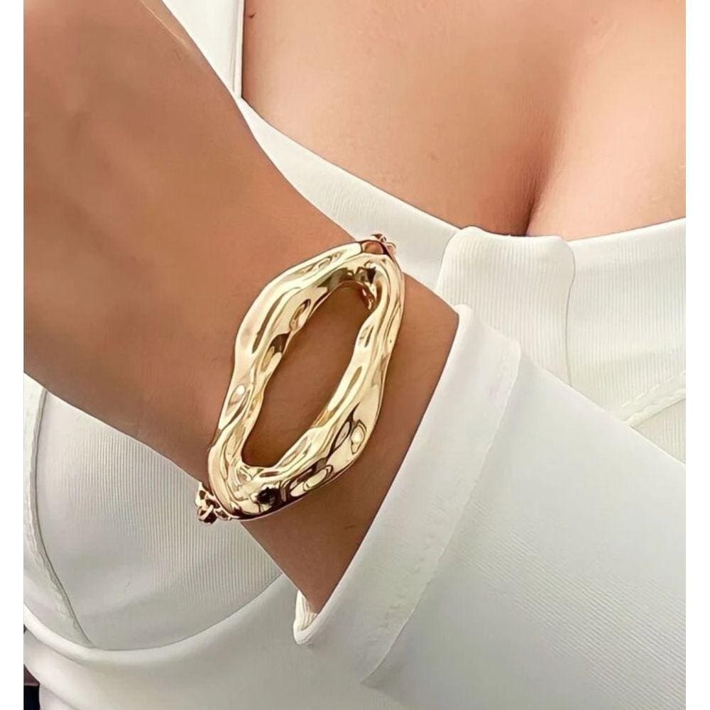 Pulseira Corrente Dupla Elo Português com Pingente Orgânico Oval Vazado Folheado Ouro Bracelete Orgânica Tendência