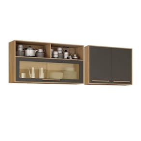 Kit Armário Aéreo 120cm com Vidro e Armário Aéreo 80cm 2 Portas Salvador Cinamomo/Grafite
