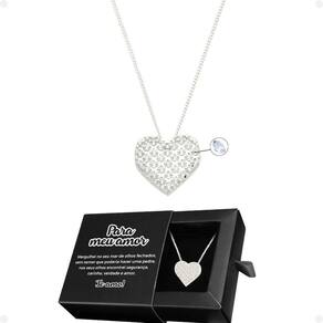 Colar Aço Feminino + Pingente Strass Amor Coração + Caixa