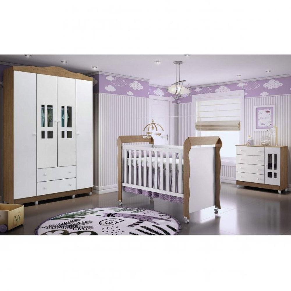 Quarto de Bebê com Guarda-Roupas 4 Portas, Cômoda Fraldário e Berço Mini Cama Ariel Mirelle Espresso Branco/Amadeirado