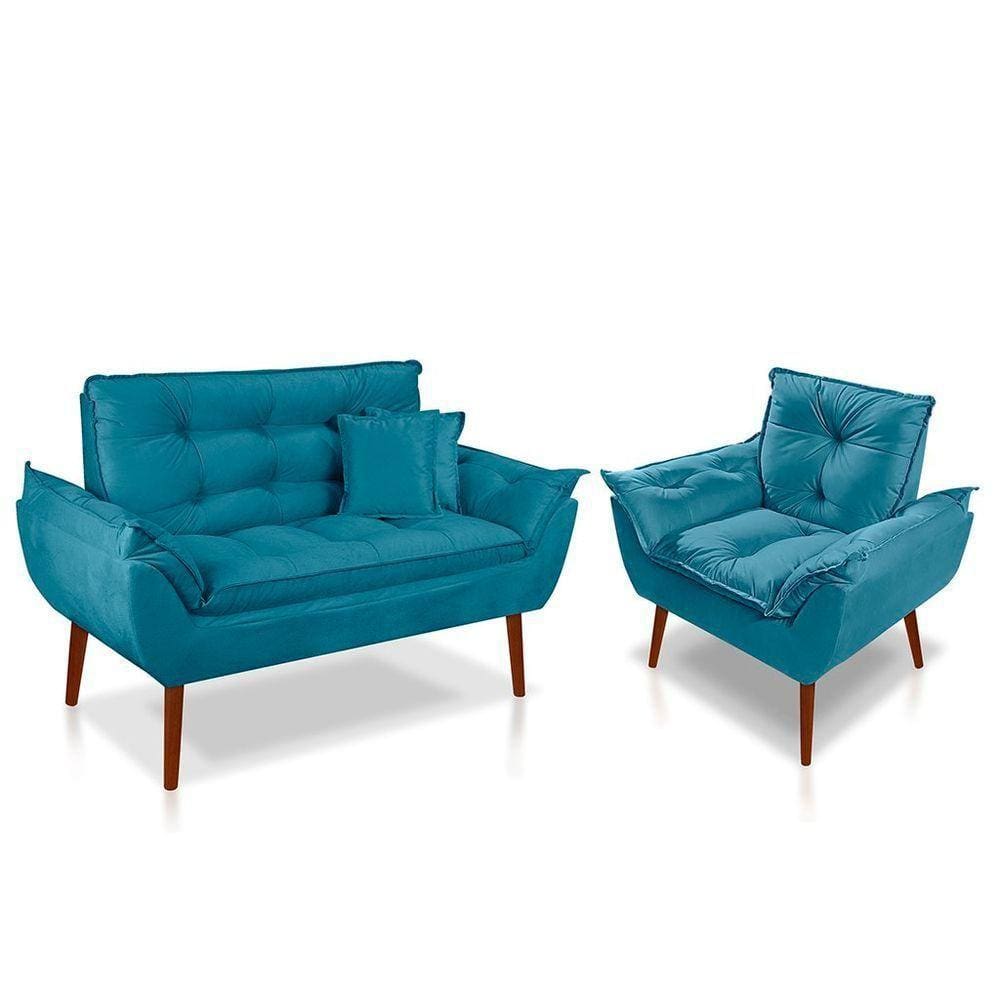 Kit 01 Poltrona Opala + 01 Namoradeira Opala + 02 Almofadas Suede Azul Tiffany