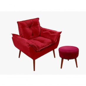 Kit C-01 Poltrona Opala + 01 Puff Redondo Danny Suede Vermelho