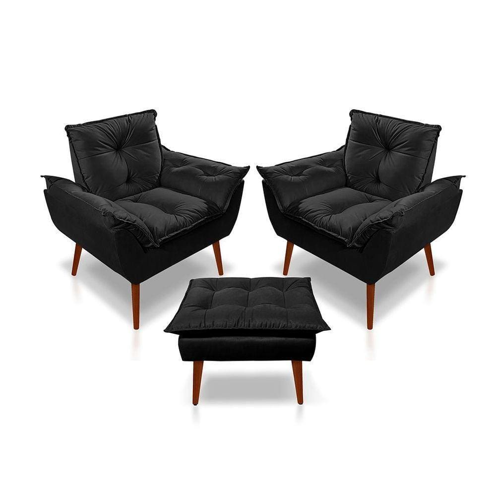 Kit C-2 Poltronas Opala + 01 Puff Opala Elegante Suede Preto