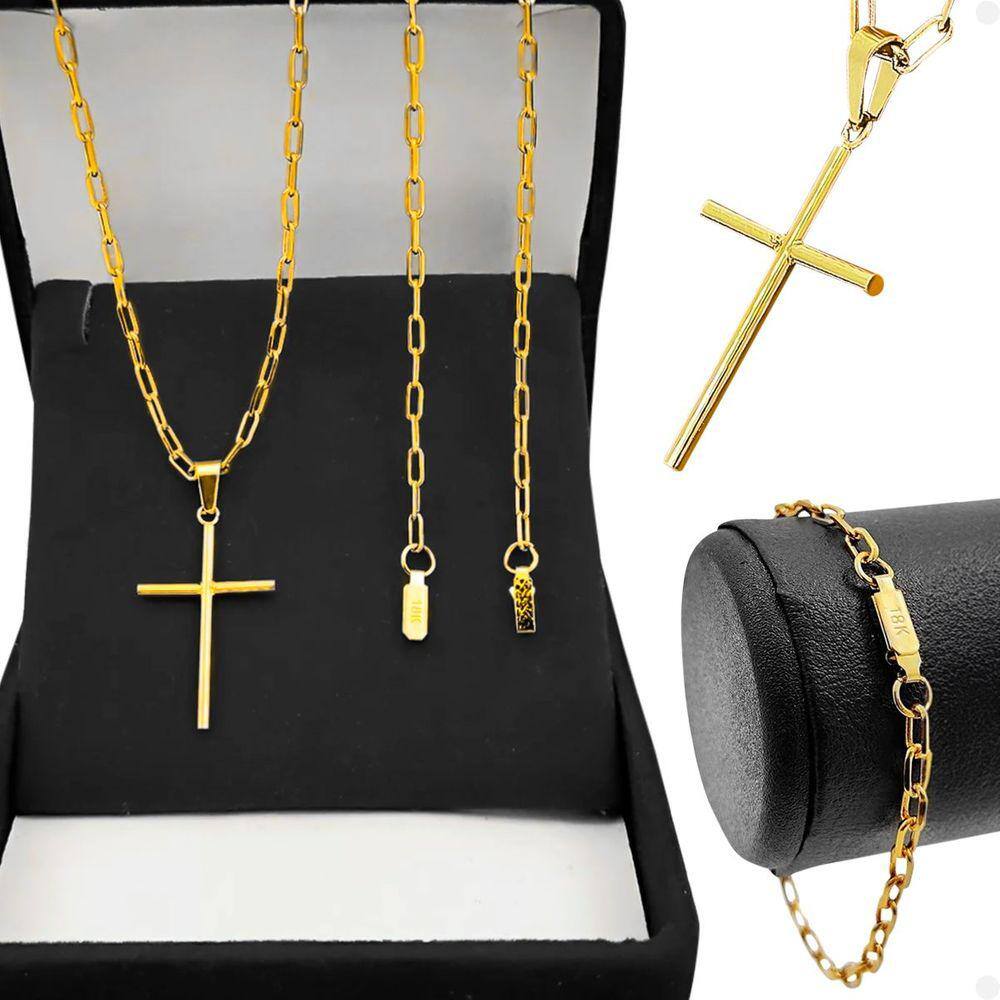 Corrente dourada aço inox + Pulseira + pingente crucifixo