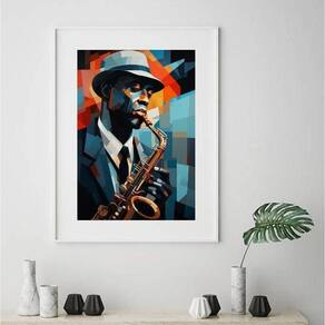 Quadro Músico Jazz- Pintura Geométrica - 60X48Cm