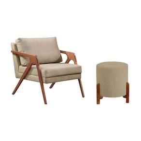 Conjunto Poltrona Mona Decorativa e Puff Thor Estofado Base Madeira Maciça Linho Bege
