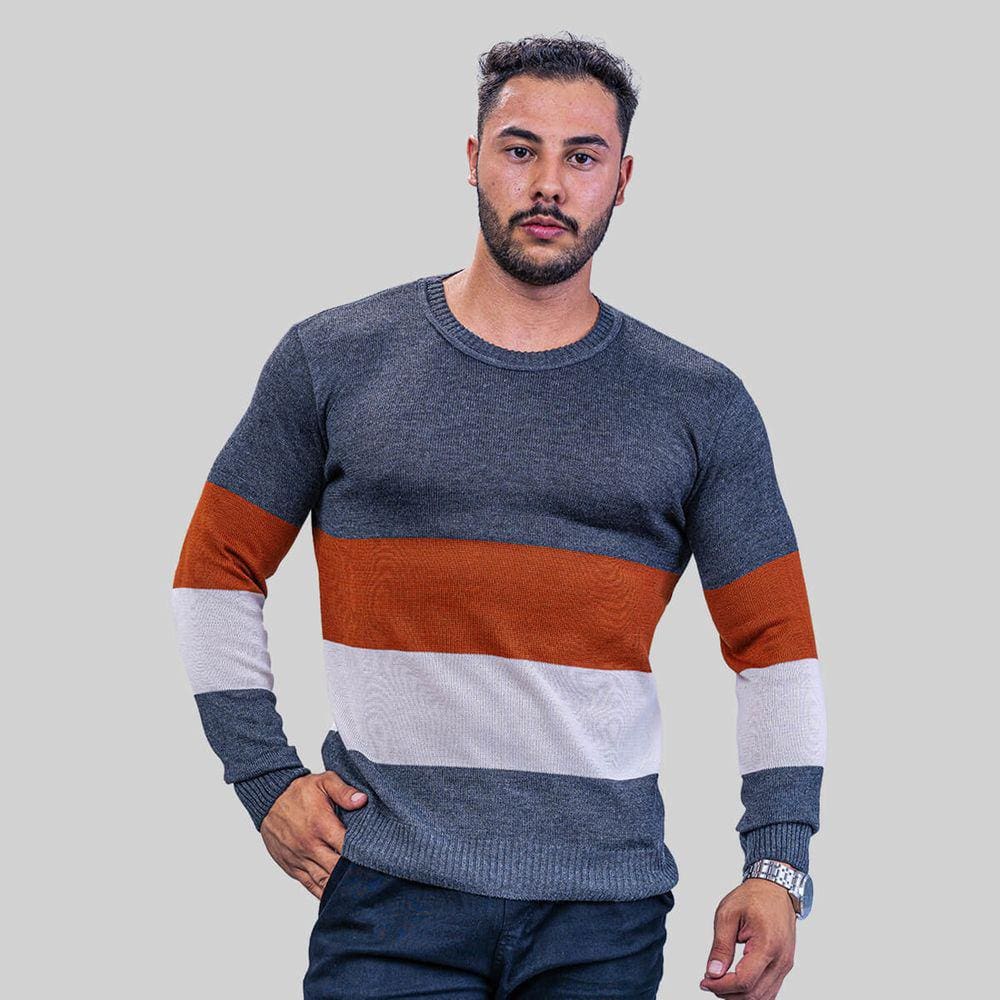 Suéter Masculino Gola Redonda Tricot Listras Larga