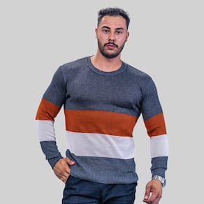 Suéter Masculino Gola Redonda Tricot Listras Larga