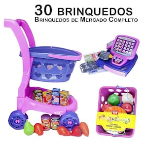 Mercado Infantil Completo Carrinho Cesta Caixa Comida 30Pç