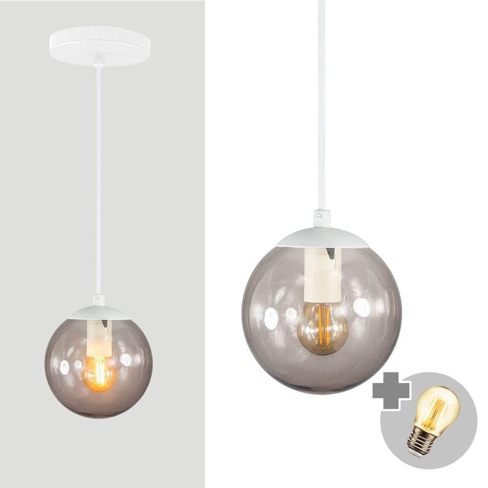Pendente Branco C/ Globo De Vidro Fume De 14cm + Led 2w