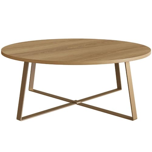 imagem-Mesa de Centro Redonda Artesano 80 cm (largura) em MDP Hanover Estrutura Metálica em Aço Dourado - Marrom