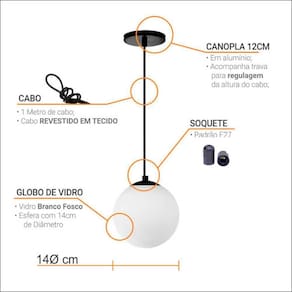 Pendente Globo Esfera De Vidro Branco Fosco 14cm - Preto