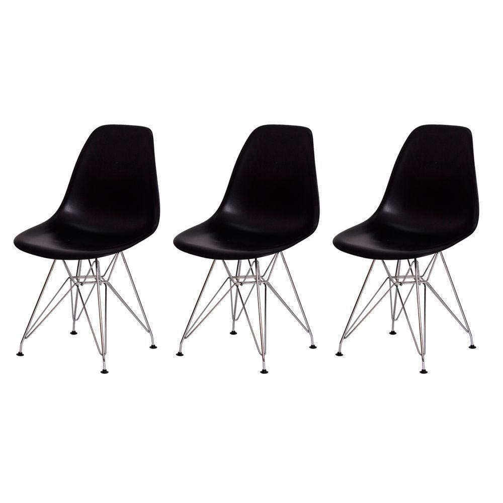 3 Cadeiras Eiffel Eames Preta Base Cromada
