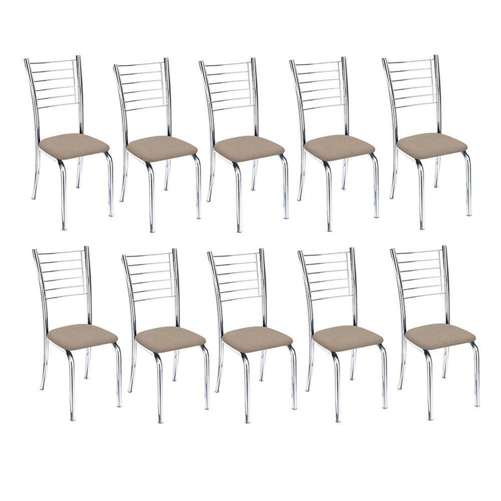 10 Cadeiras Vanessa Cromada para Cozinha Assento Suede Bege