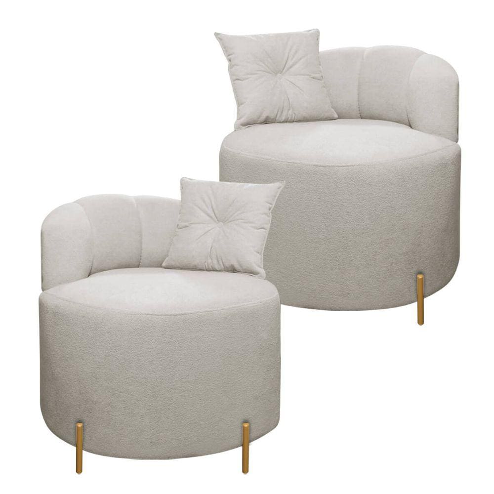 Conjunto 2 Poltronas Decorativas Grecia Linho Bouclê Bege Com Pés De Metal SOFA STORE