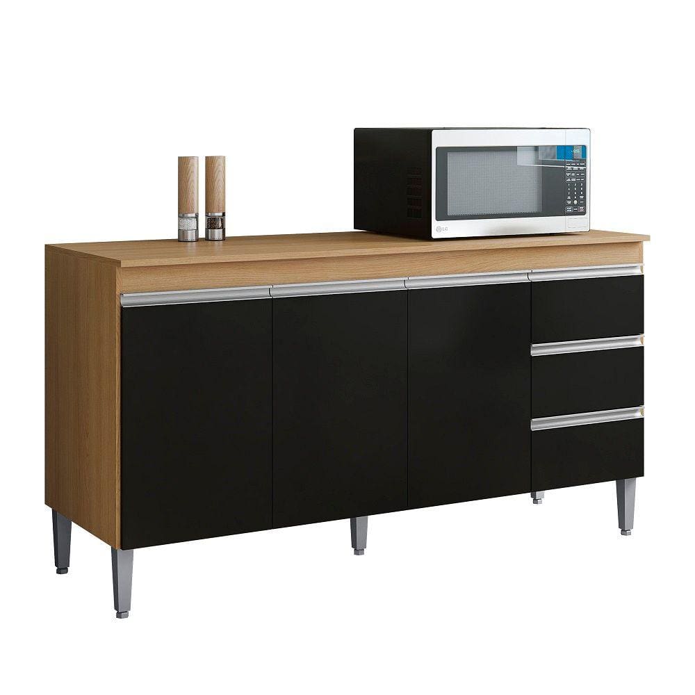 Balcão de Cozinha Andréia 150cm Amêndoa/Preto + Tampo - AJL Móveis