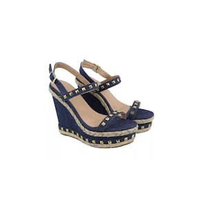 Sandália Anabela Feminina Plataforma Jeans Fivela Spikes Elegante Salto Alto