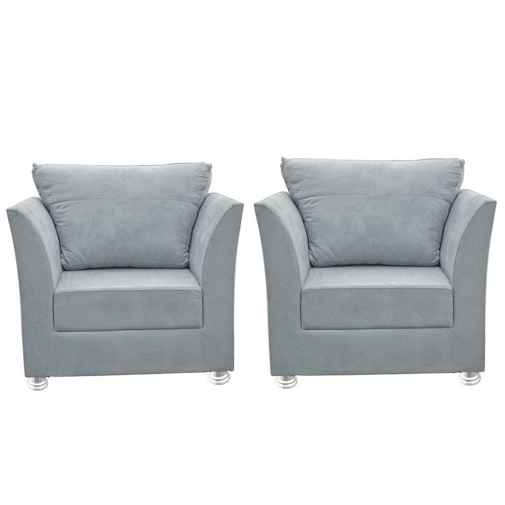 Kit 02 Poltronas Decorativa Para Sala E Quarto Lisboa Suede Cinza Claro