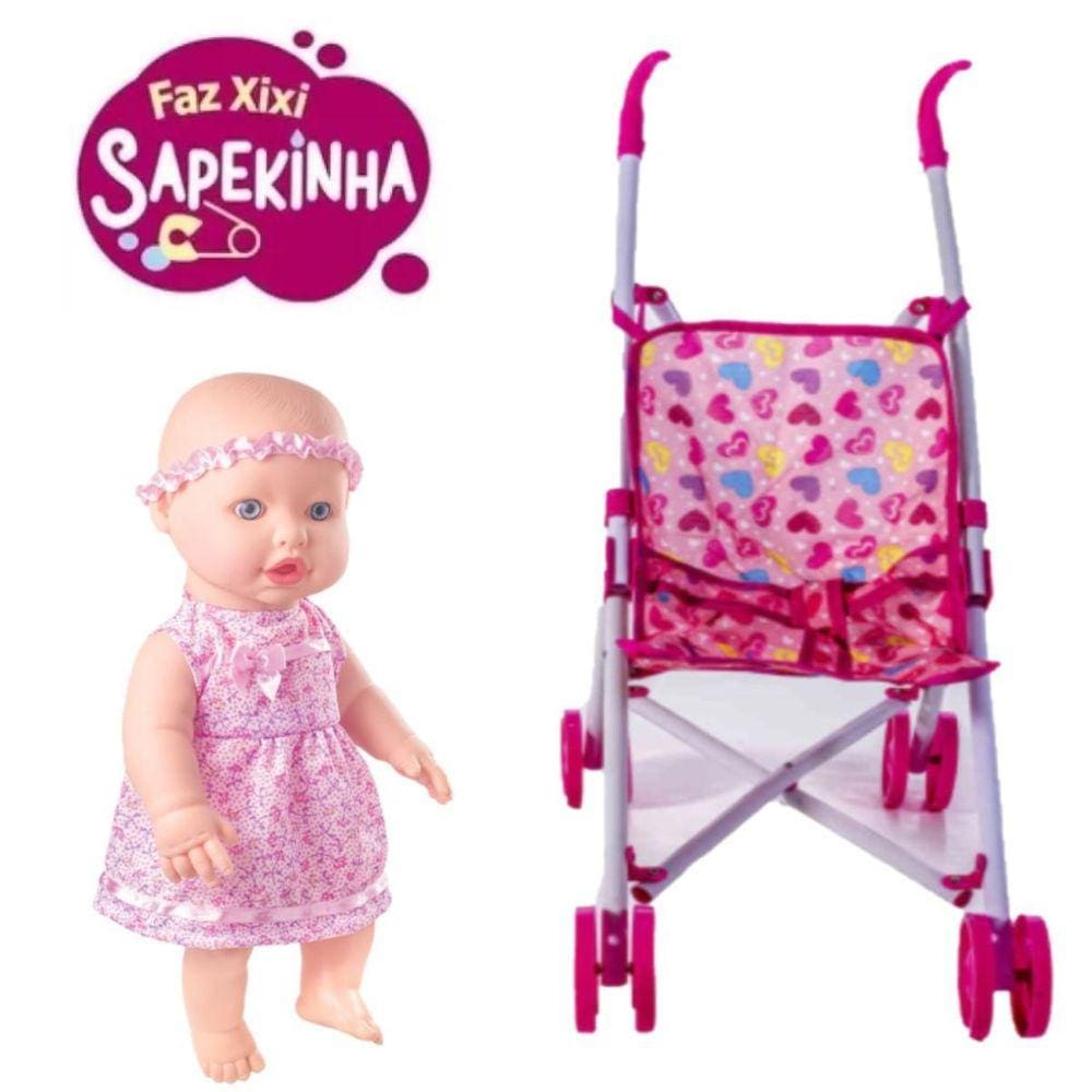 Kit Boneca Sapekinha Faz Xixi Com Fralda Mamadeira Carrinho
