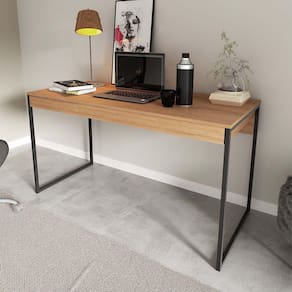 Escrivaninha Industrial para Escritório com Gaveta 136cm Pés Metal Amêndoa Preto