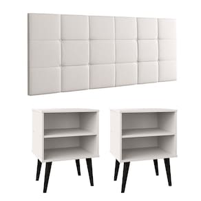 Cabeceira Estofada Cama Box Queen Bia 1,60 Corino Kit 2 Mesinhas Nicho Prateleira Pés Palito Retrô Quarto Casal Branco/Preto - RPM