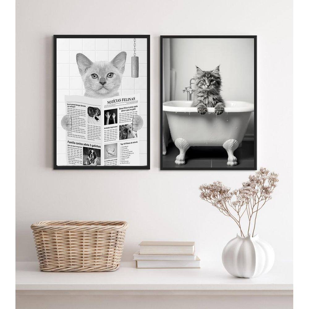 Kit 2 Quadros Para Decorar Banheiro- Gatos 24X18Cm