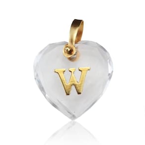 Pingente Cristal Coração Com Letra W Em Ouro 18K